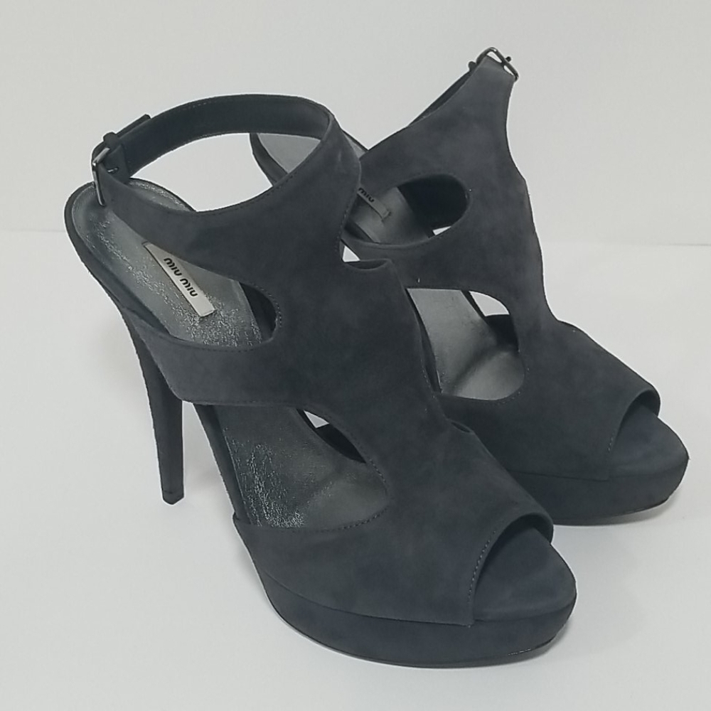 Miu Miu Grey Suede Platform Strappy Heels
